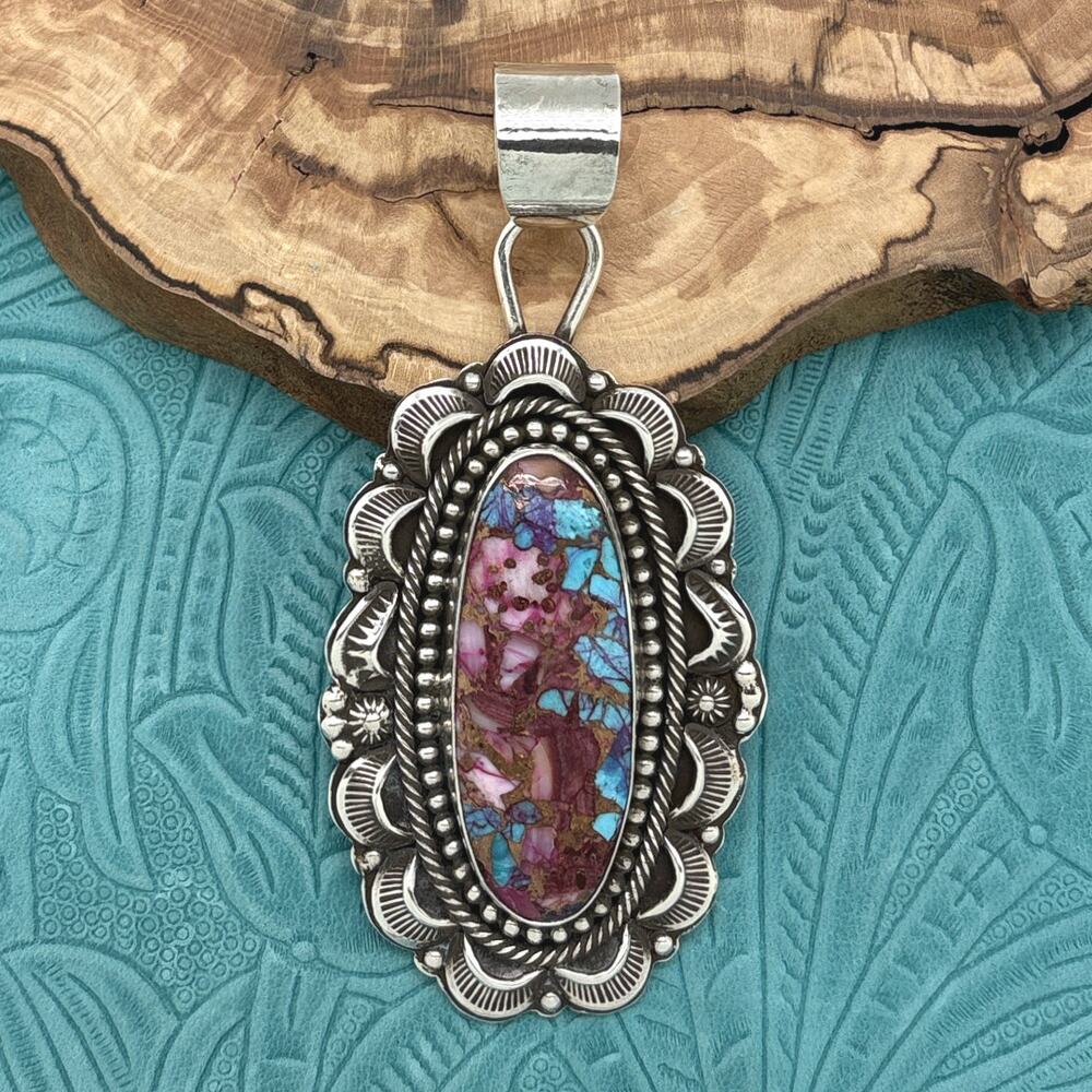 JAMES LEE JR Navajo Sterling Silver Pink Dahlia Turquoise Oval Statement Pendant